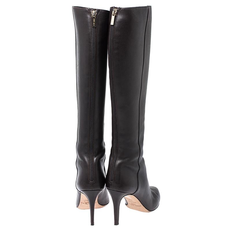 Jimmy Choo Dark Brown Leather Knee Boots Size 37.5 In Good Condition For Sale In Dubai, Al Qouz 2