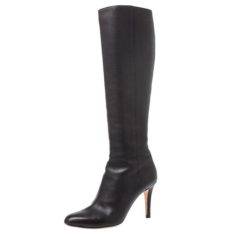 Jimmy Choo Dark Brown Leather Knee Boots Size 37.5 For Sale at 1stDibs