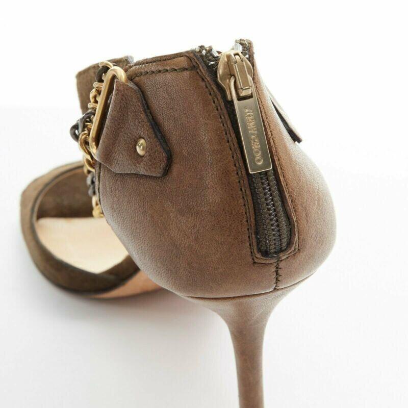 JIMMY CHOO sandalias de tacón con tira al tobillo multicadena en ante marrón verde oscuro EU37.5 en venta 5