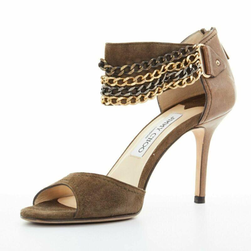JIMMY CHOO sandalias de tacón con tira al tobillo multicadena en ante marrón verde oscuro EU37.5 en Bueno estado para la venta en Hong Kong, NT