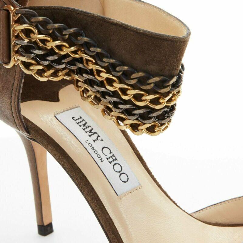 JIMMY CHOO sandalias de tacón con tira al tobillo multicadena en ante marrón verde oscuro EU37.5 en venta 3
