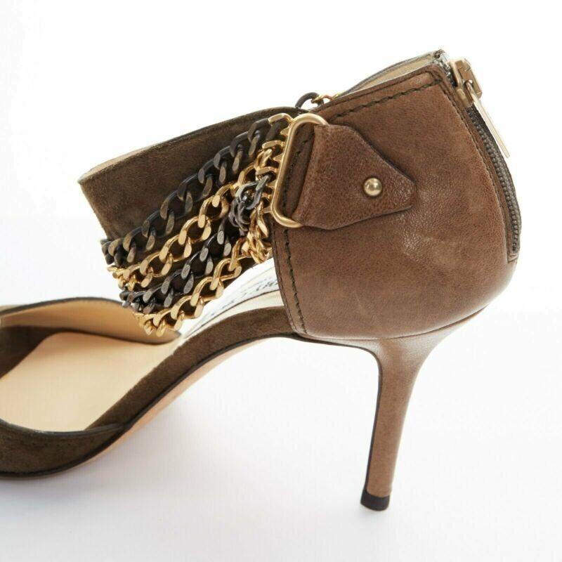 JIMMY CHOO sandalias de tacón con tira al tobillo multicadena en ante marrón verde oscuro EU37.5 en venta 4