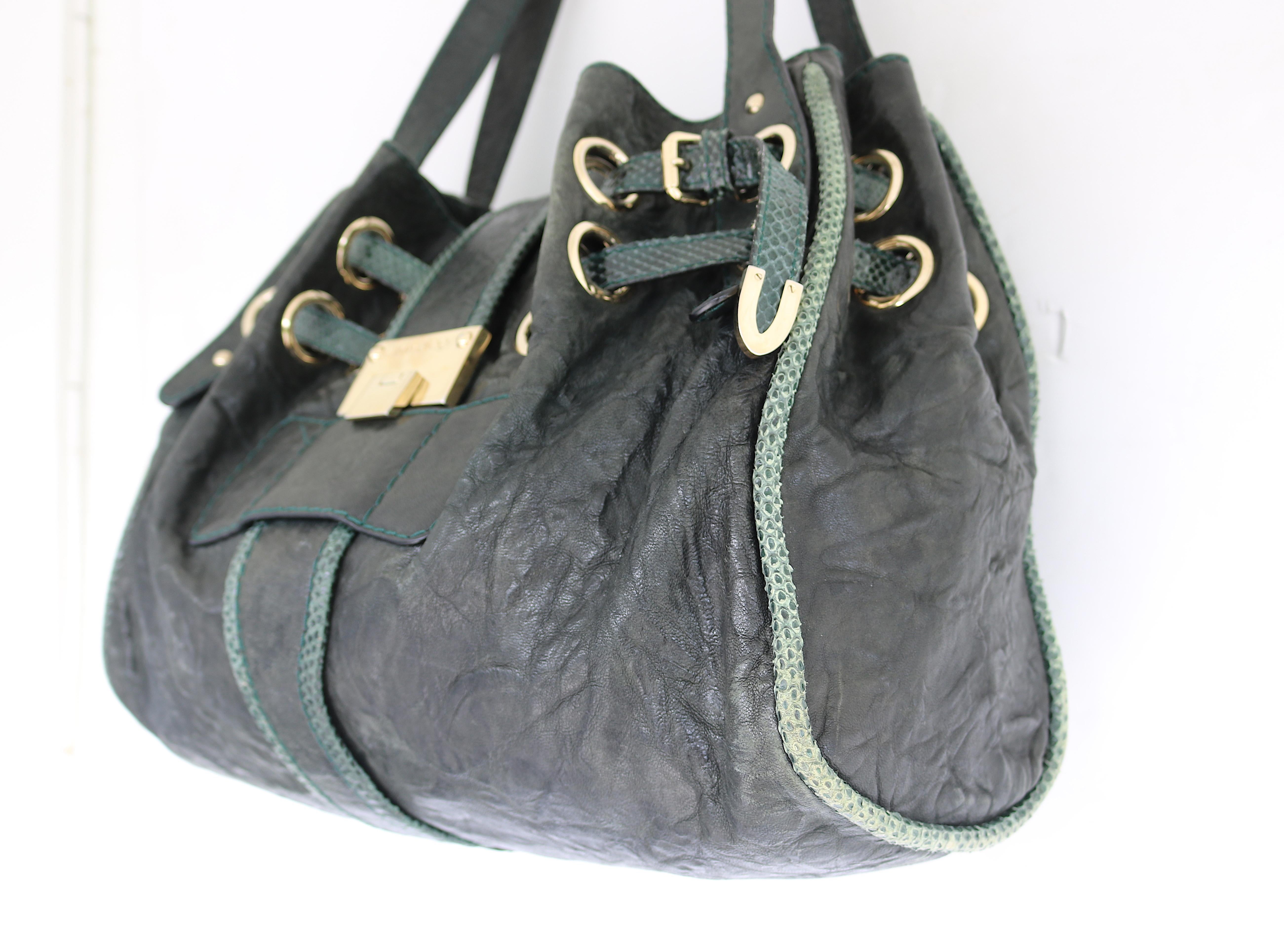 Black Jimmy Choo Dark Green Leather Snakeskin Trim Riki Tote For Sale