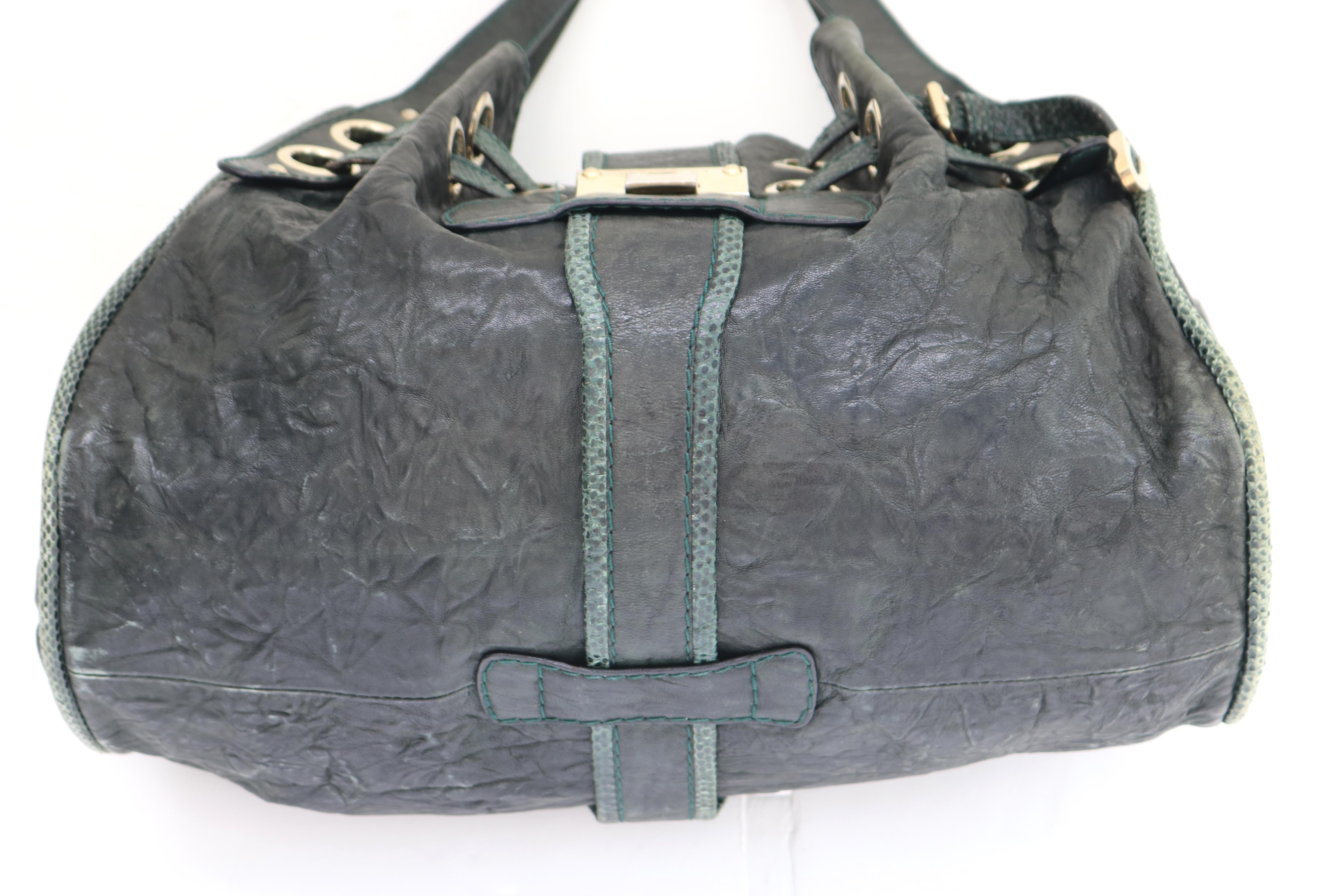 Jimmy Choo Dark Green Leather Snakeskin Trim Riki Tote In Good Condition For Sale In West Palm Beach, FL