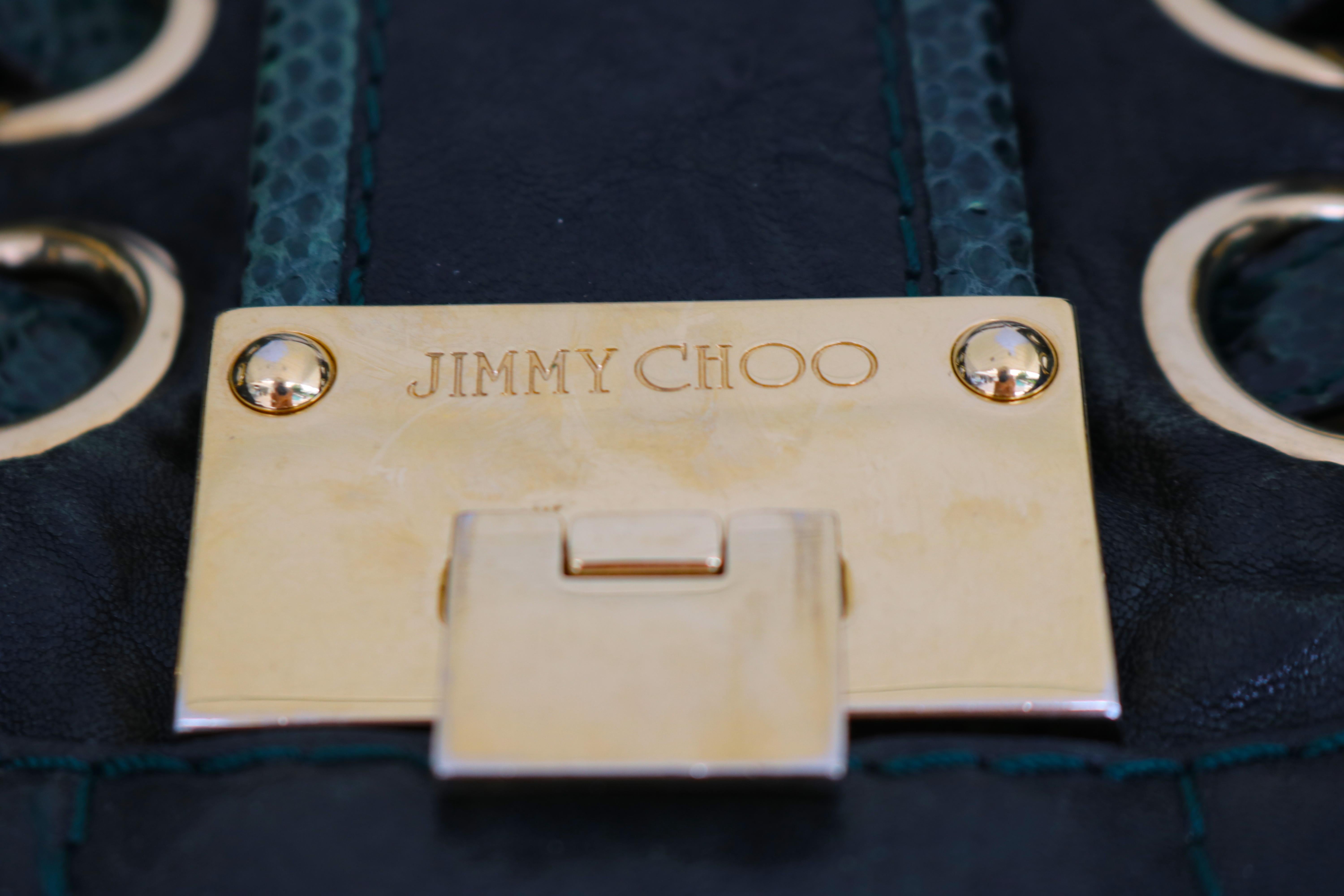 Jimmy Choo Dark Green Leather Snakeskin Trim Riki Tote For Sale 1