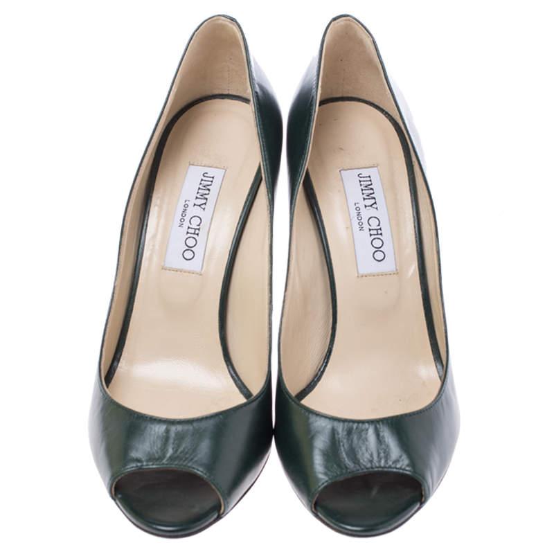 Gray Jimmy Choo Dark Green Leather Baxen Peep Toe Wedge Pumps 38.5