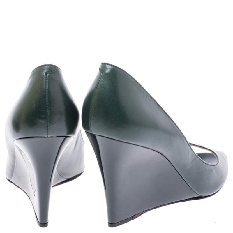 Women's Jimmy Choo Dark Green Leather Baxen Peep Toe Wedge Pumps 38.5