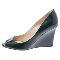 Jimmy Choo Dark Green Leather Baxen Peep Toe Wedge Pumps 38.5