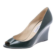Jimmy Choo Dark Green Leather Baxen Peep Toe Wedge Pumps 38.5