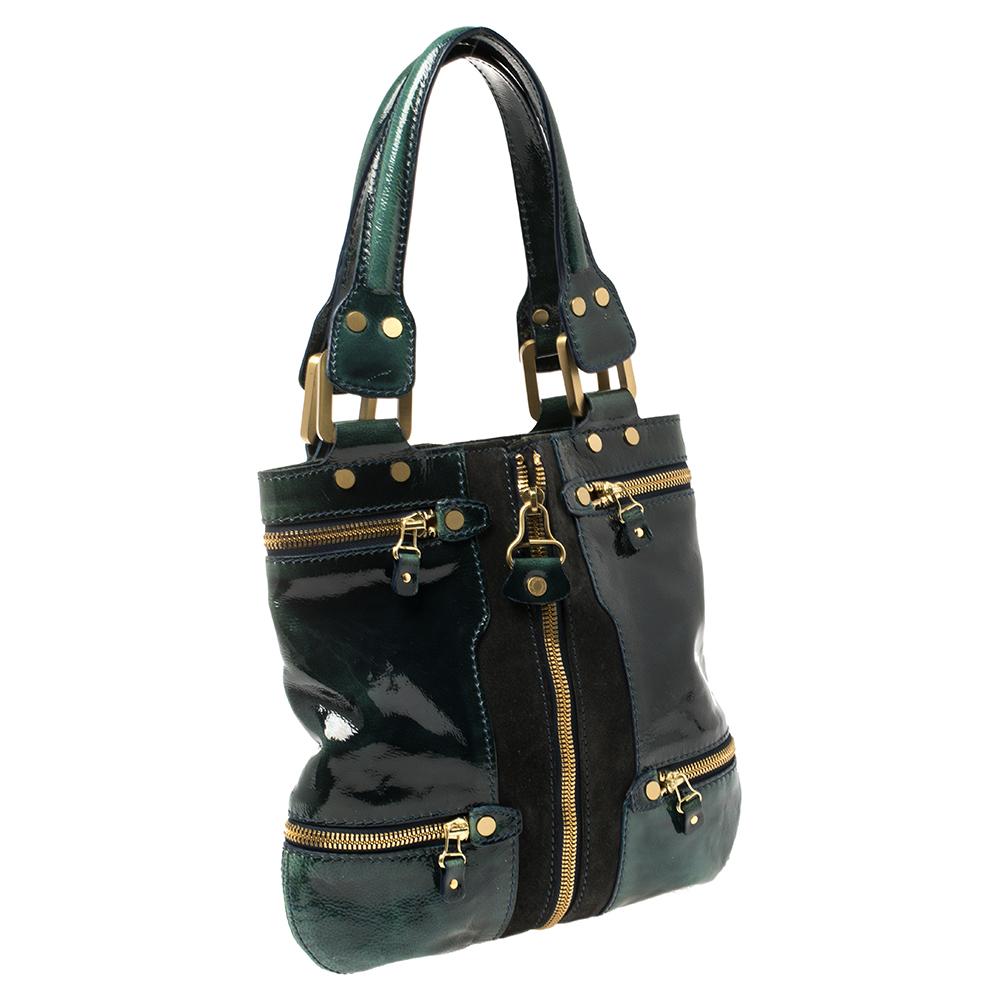Black Jimmy Choo Dark Green Patent Leather And Suede Small Mona Tote