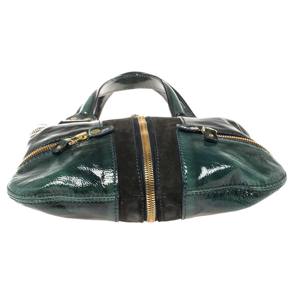 Women's Jimmy Choo Dark Green Patent Leather And Suede Small Mona Tote