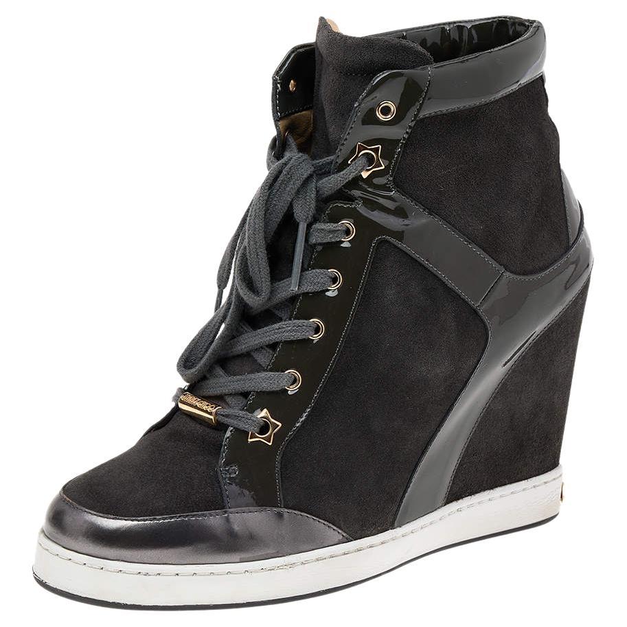 Jimmy Choo Dark Grey Patent Leather And Suede Panama Wedge Sneakers Size 39 For Sale