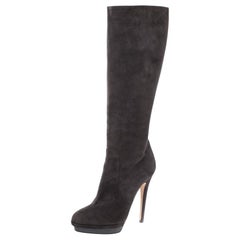 Jimmy Choo Dark Grey Suede Knee Length Platform Boots Size 39.5