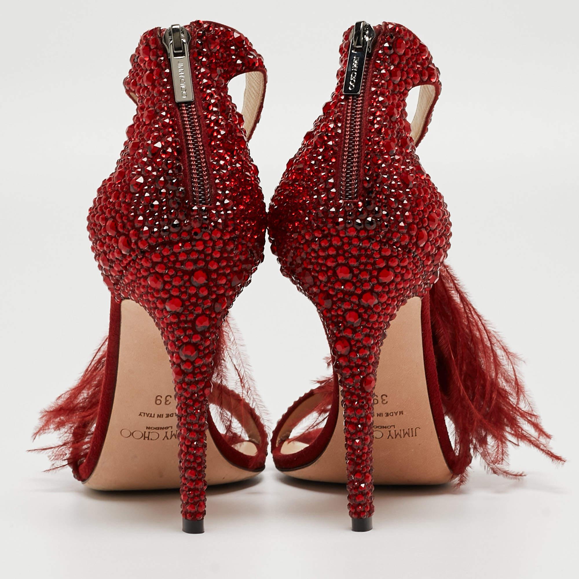 Jimmy Choo Dark Red Crystal Embellished Suede and Ostrich Feather Viola Sandals  In Good Condition In Dubai, Al Qouz 2