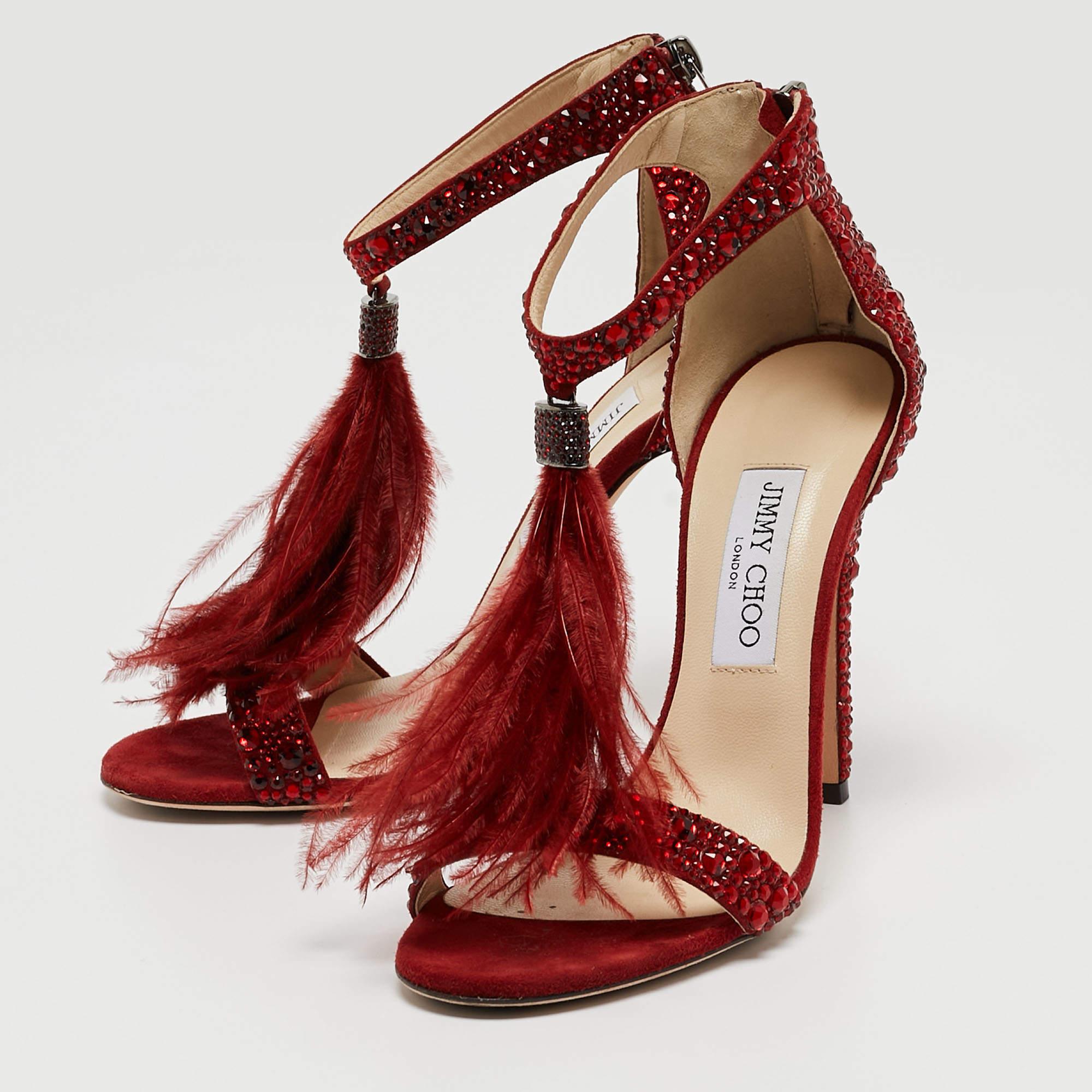 Women's Jimmy Choo Dark Red Crystal Embellished Suede and Ostrich Feather Viola Sandals 