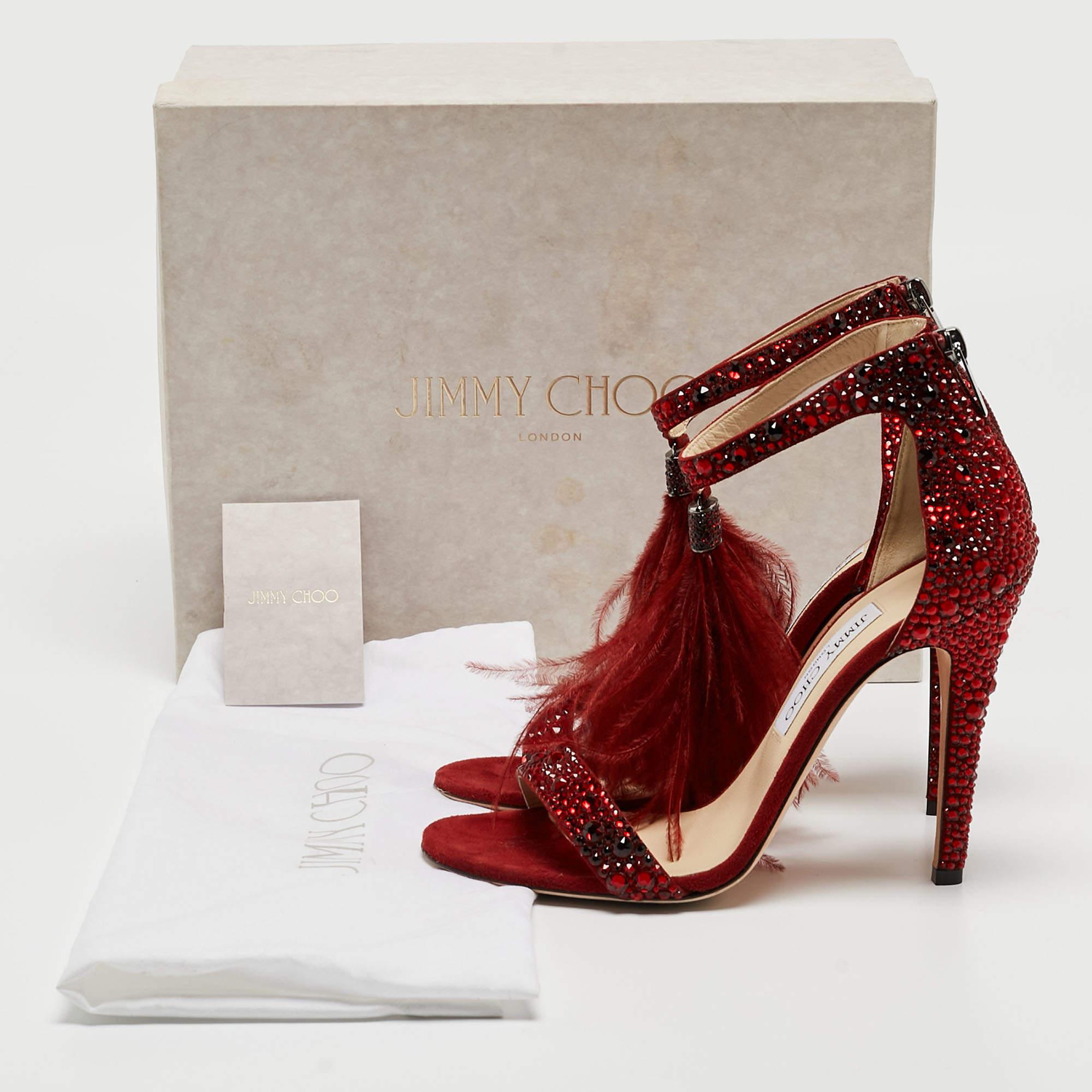 Jimmy Choo Dark Red Crystal Embellished Suede and Ostrich Feather Viola Sandals  1