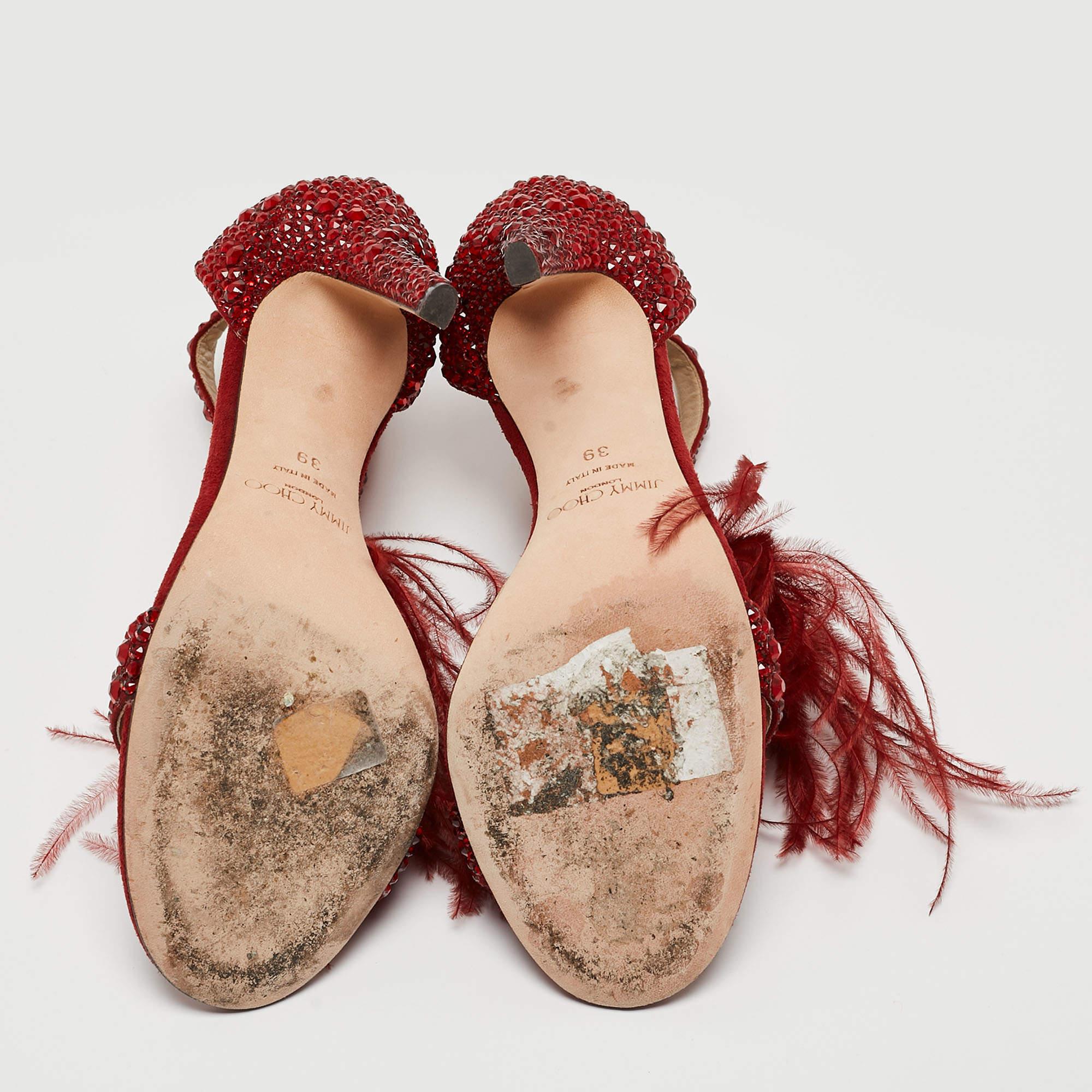Jimmy Choo Dark Red Crystal Embellished Suede and Ostrich Feather Viola Sandals  2