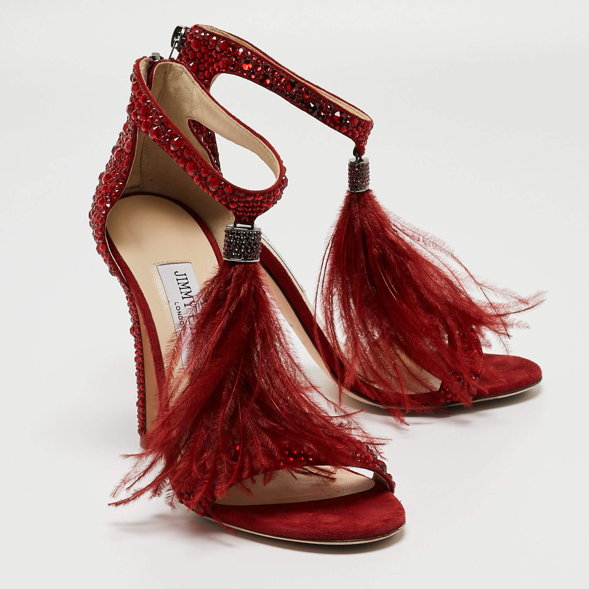 Jimmy Choo Dark Red Crystal Embellished Suede and Ostrich Feather Viola Sandals  4