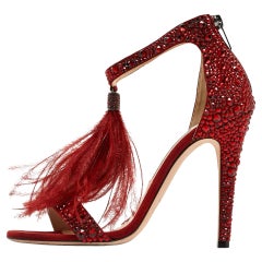 Jimmy Choo Dark Red Crystal Embellished Suede and Ostrich Feather Viola Sandals