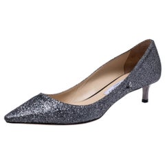 Jimmy Choo Dark Silver Glitter Fabric Aza Kitten Heel Pumps Size 39