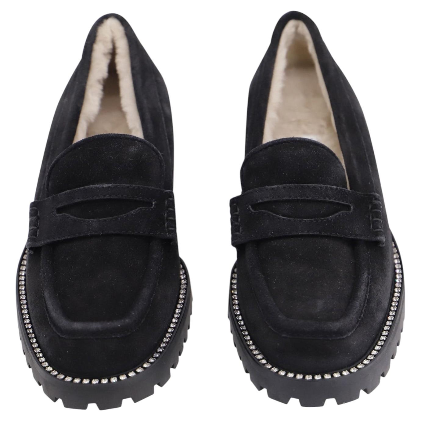 Jimmy Choo Deanna Crystal-Embellished Shearling-Lined Loafers in Black Suede For Sale