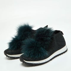 Jimmy Choo Deep Green Knit Fabric and Fur Pom Pom Norway Slip On Sneakers Size 3