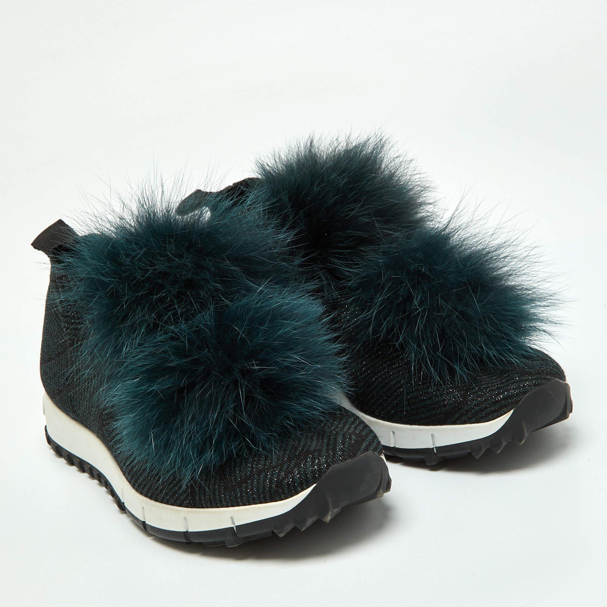Jimmy Choo Deep Green Knit Fabric and Fur Pom Pom Norway Slip On Sneakers Size 3 In Good Condition For Sale In Dubai, Al Qouz 2