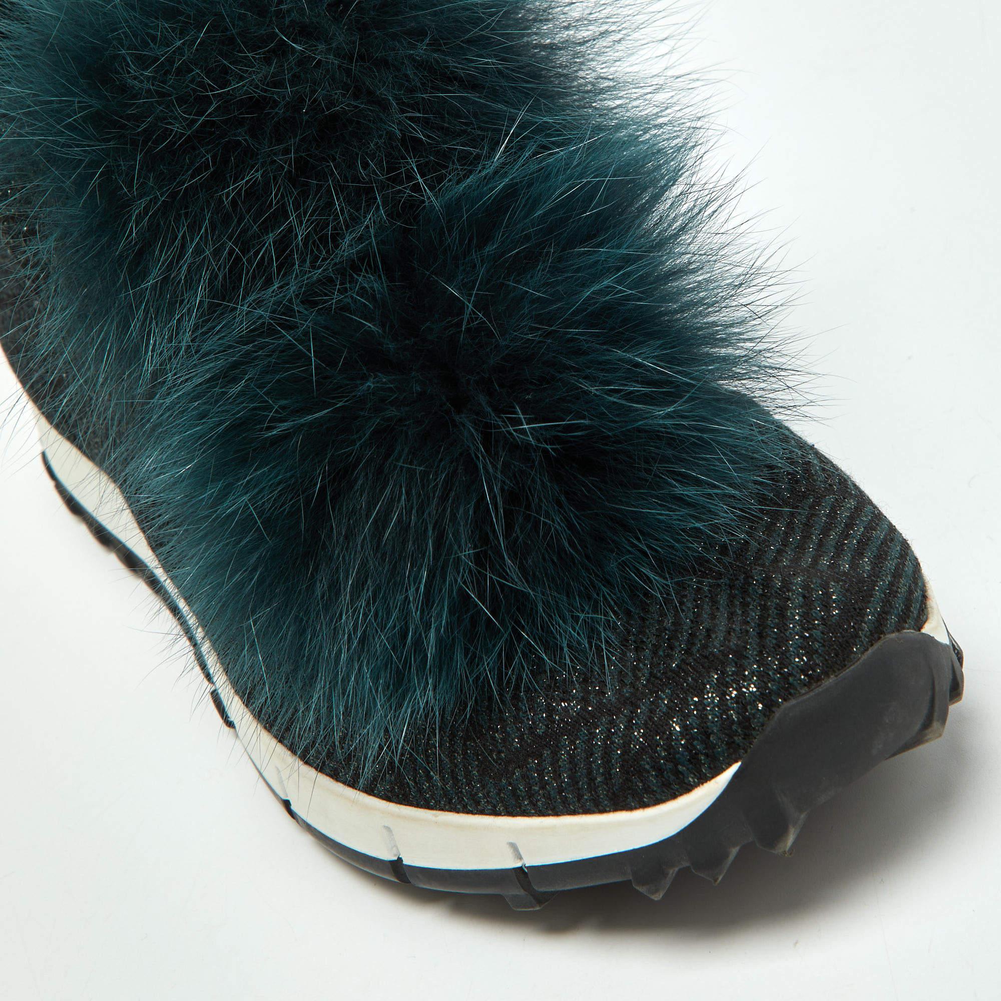 Jimmy Choo Deep Green Knit Fabric and Fur Pom Pom Norway Slip On Sneakers Size 3 For Sale 2