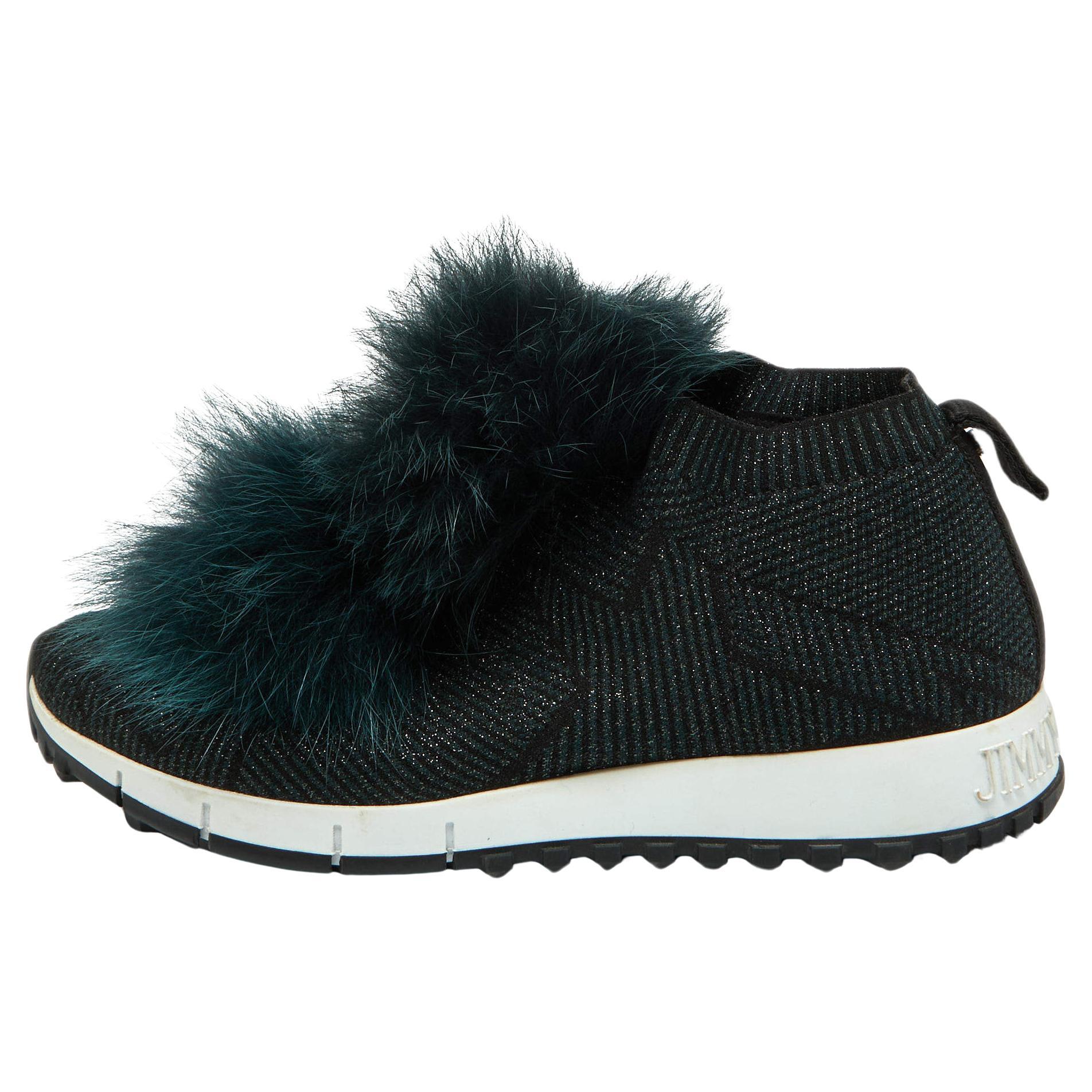 Jimmy Choo Deep Green Knit Fabric and Fur Pom Pom Norway Slip On Sneakers Size 3 For Sale