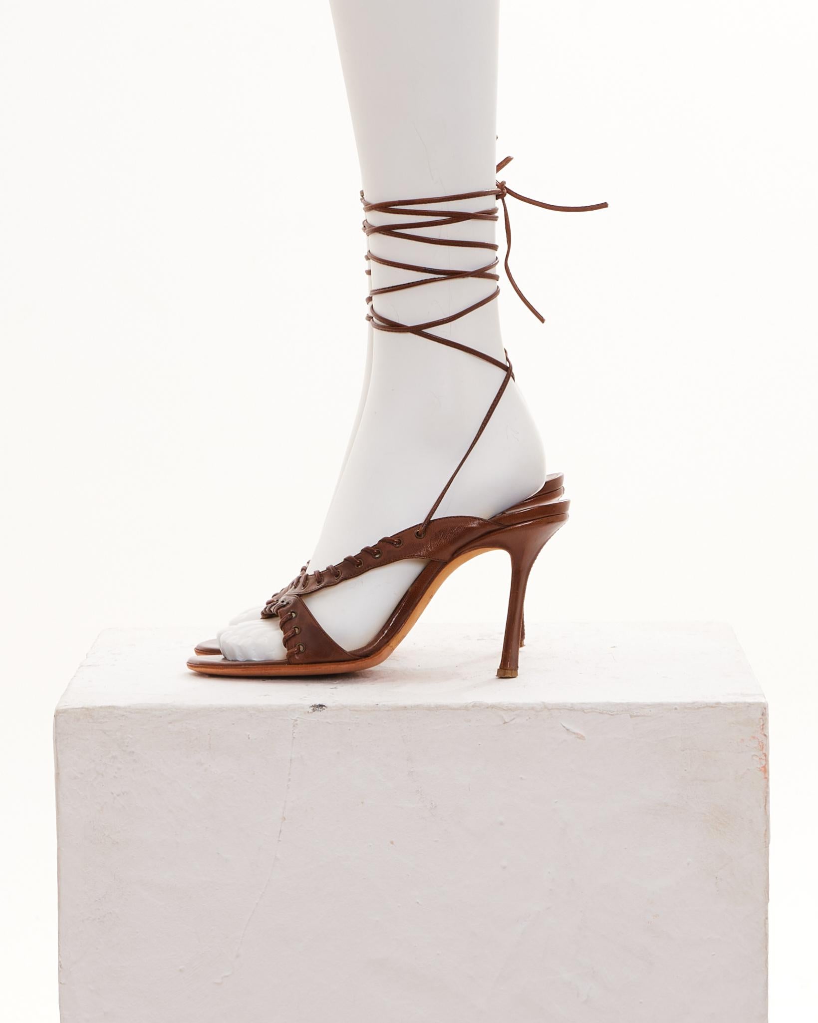 Gray Jimmy Choo Early 2000s Brown leather Corset ankle wrap sandals For Sale