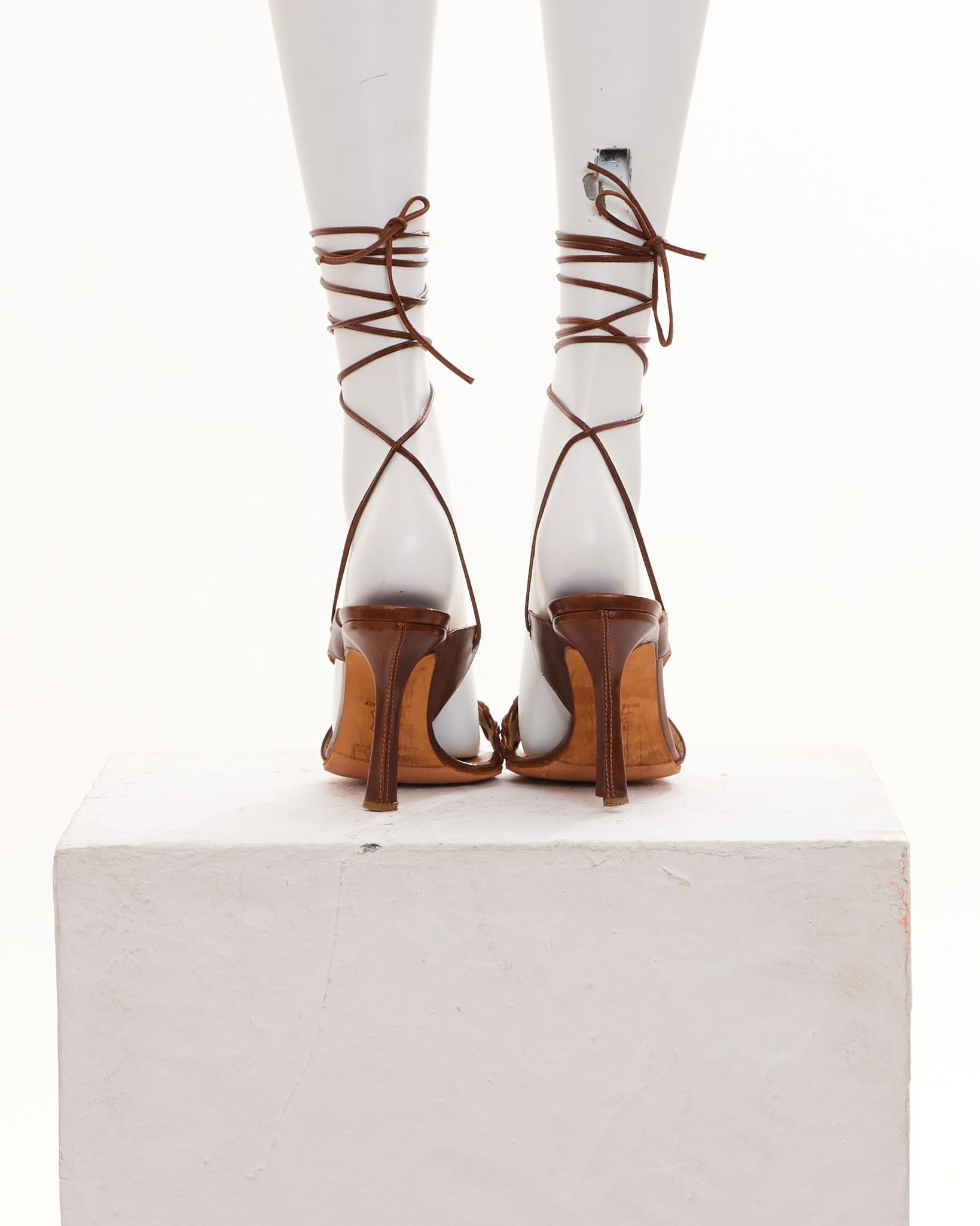 Jimmy Choo Early 2000s Brown leather Corset ankle wrap sandals In Good Condition For Sale In Milano, IT