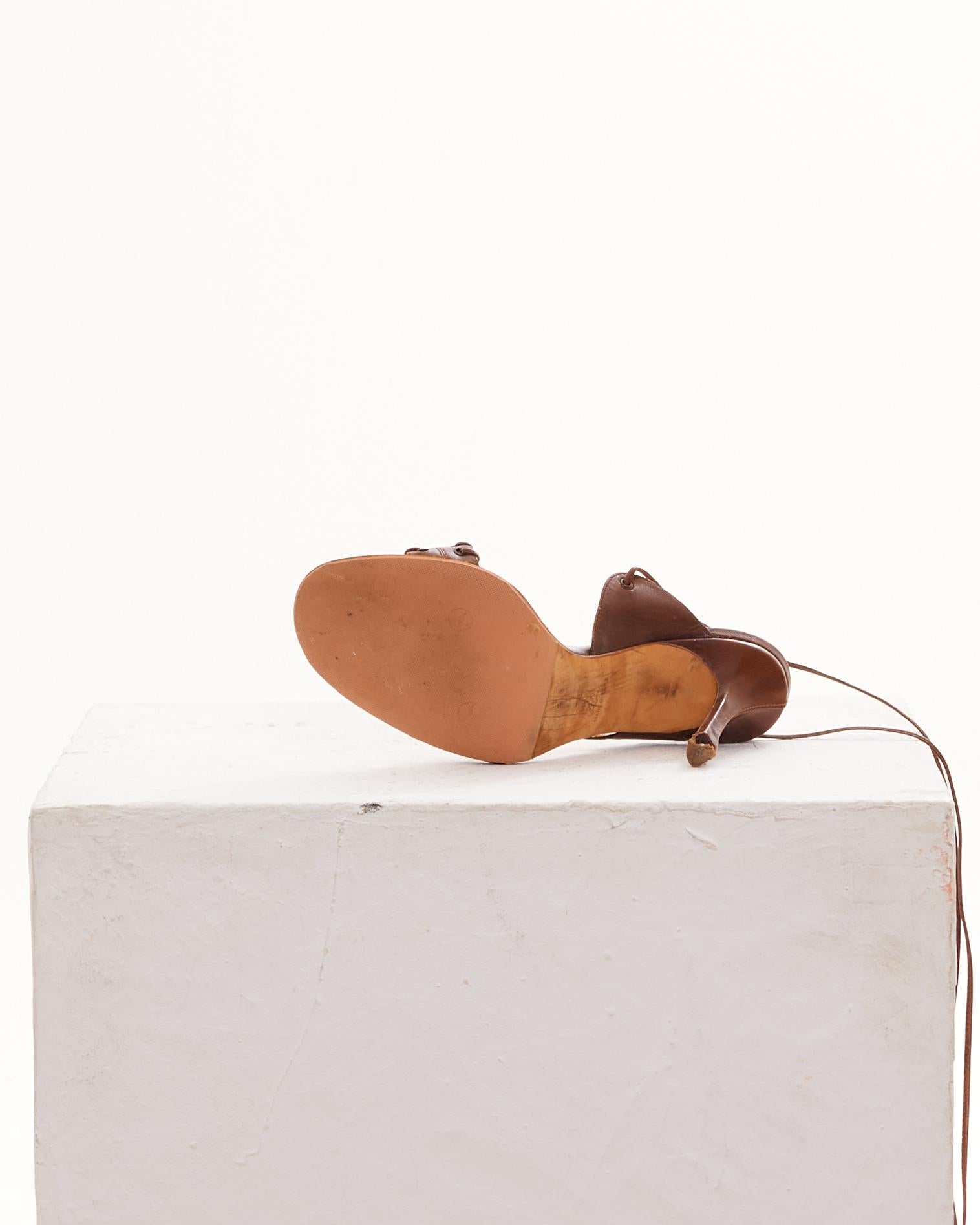 Jimmy Choo Early 2000s Brown leather Corset ankle wrap sandals For Sale 3