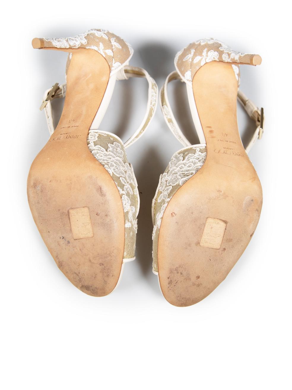 Jimmy Choo Ecru Leather & Lace Strappy Heels Size IT 40 In Good Condition In London, GB