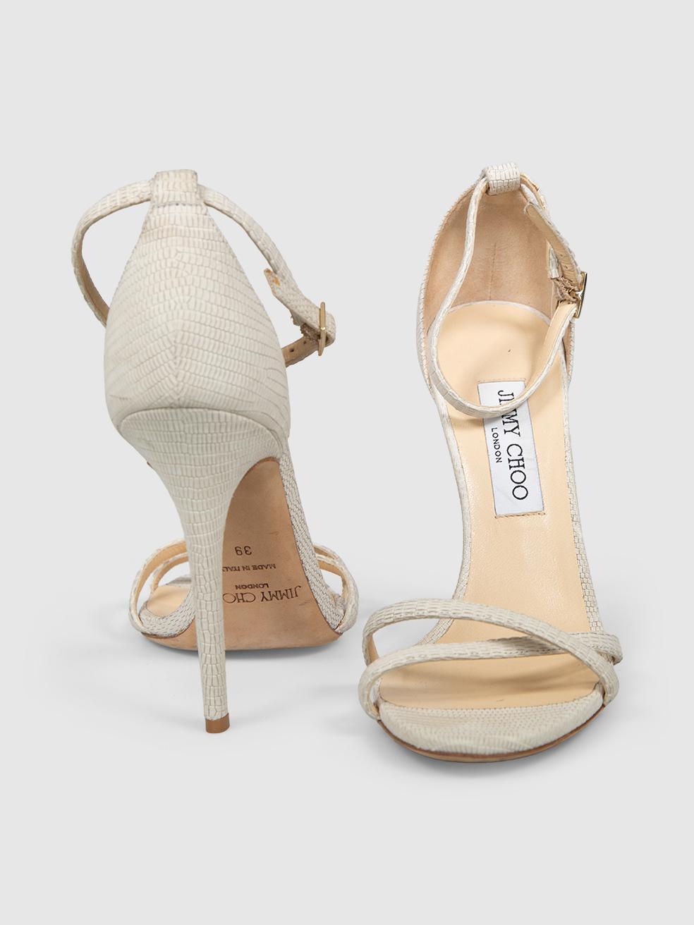 Beige Jimmy Choo Ecru Lizard Embossed Leather Sandals Size IT 39 For Sale
