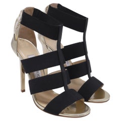 Jimmy Choo Elastic Strap Sandal Heels in Gold Leather