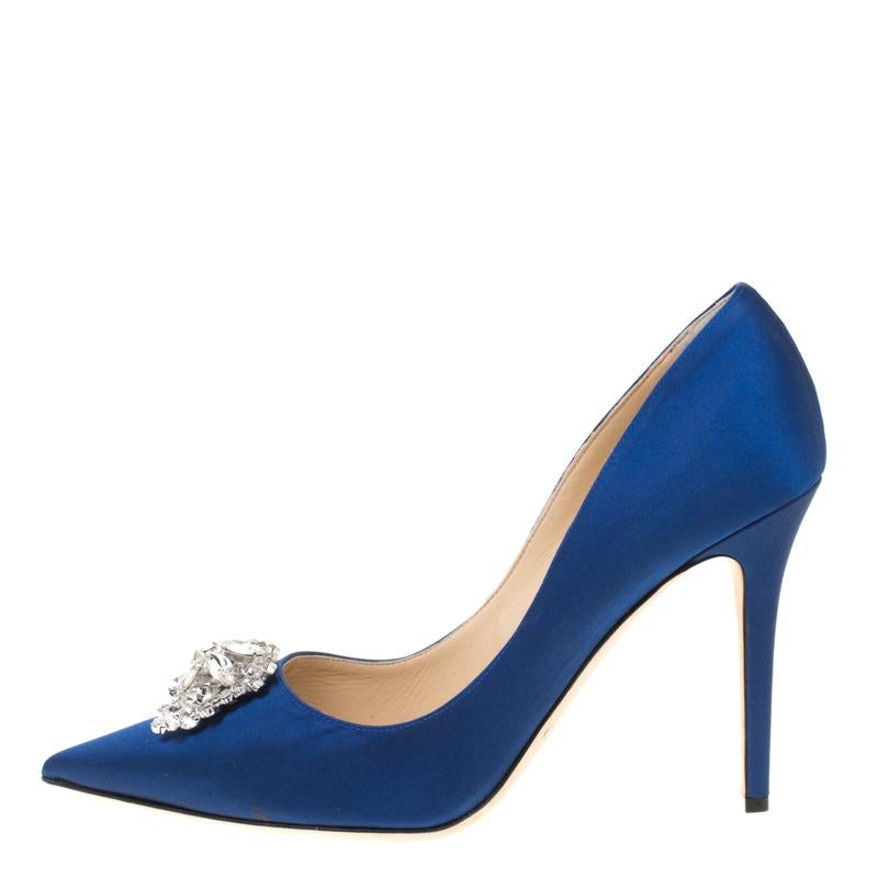 Jimmy Choo Electric Blue Satin Manda Crystal Embellished Pointed Toe Pumps 41 In New Condition In Dubai, Al Qouz 2