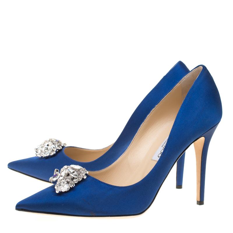 Women's Jimmy Choo Electric Blue Satin Manda Crystal Embellished Pointed Toe Pumps 41