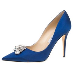 Jimmy Choo Electric Blue Satin Manda Crystal Embellished Pointed Toe Pumps 41