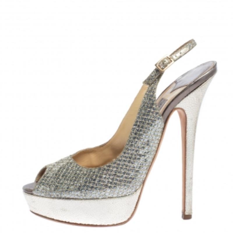 Beige Jimmy Choo Embossed Leather Verity Peep Toe Platform Slingback Sandals Size 39 For Sale