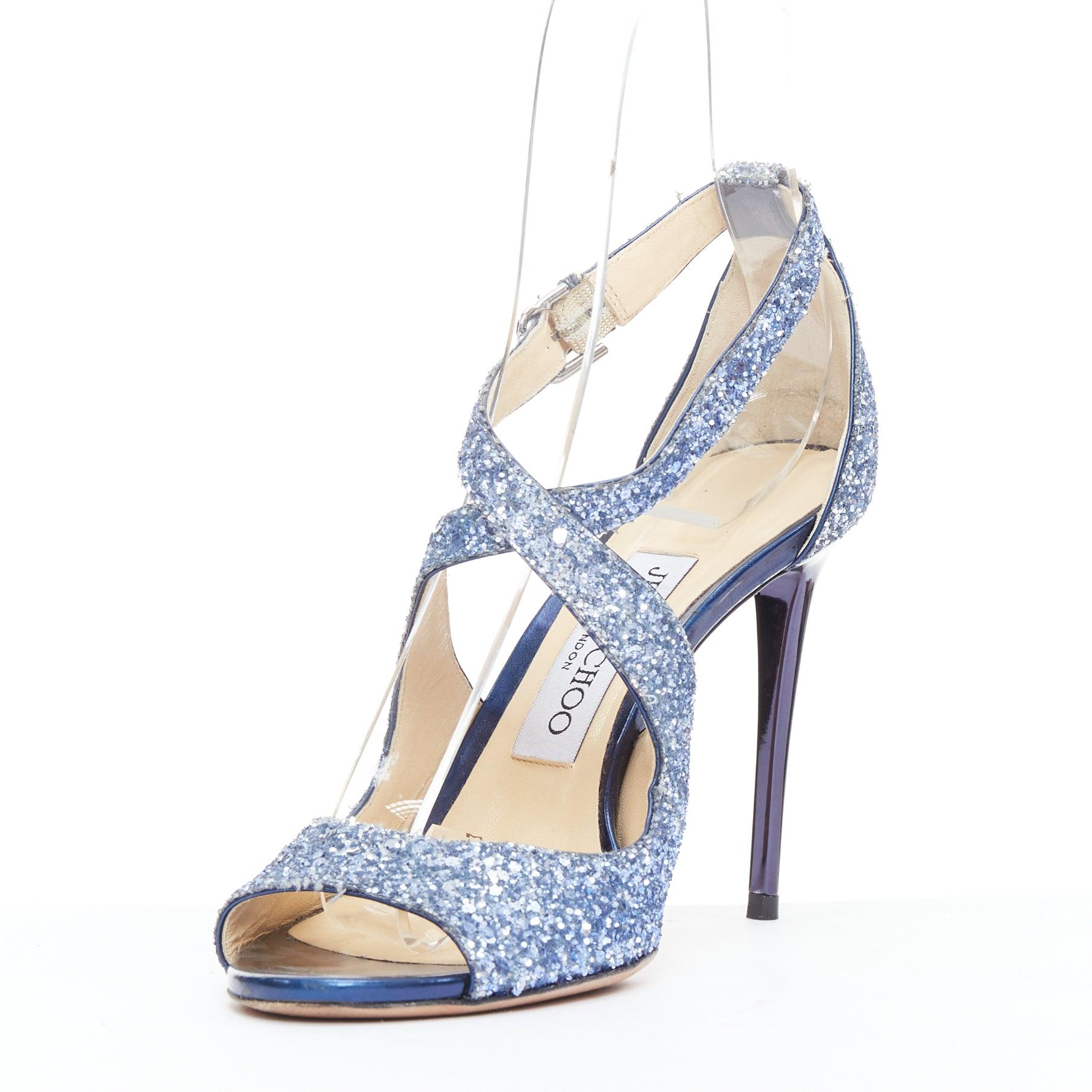 JIMMY CHOO Emily blue glitter crisscross strap open toe sandals EU36 In Good Condition In Hong Kong, NT