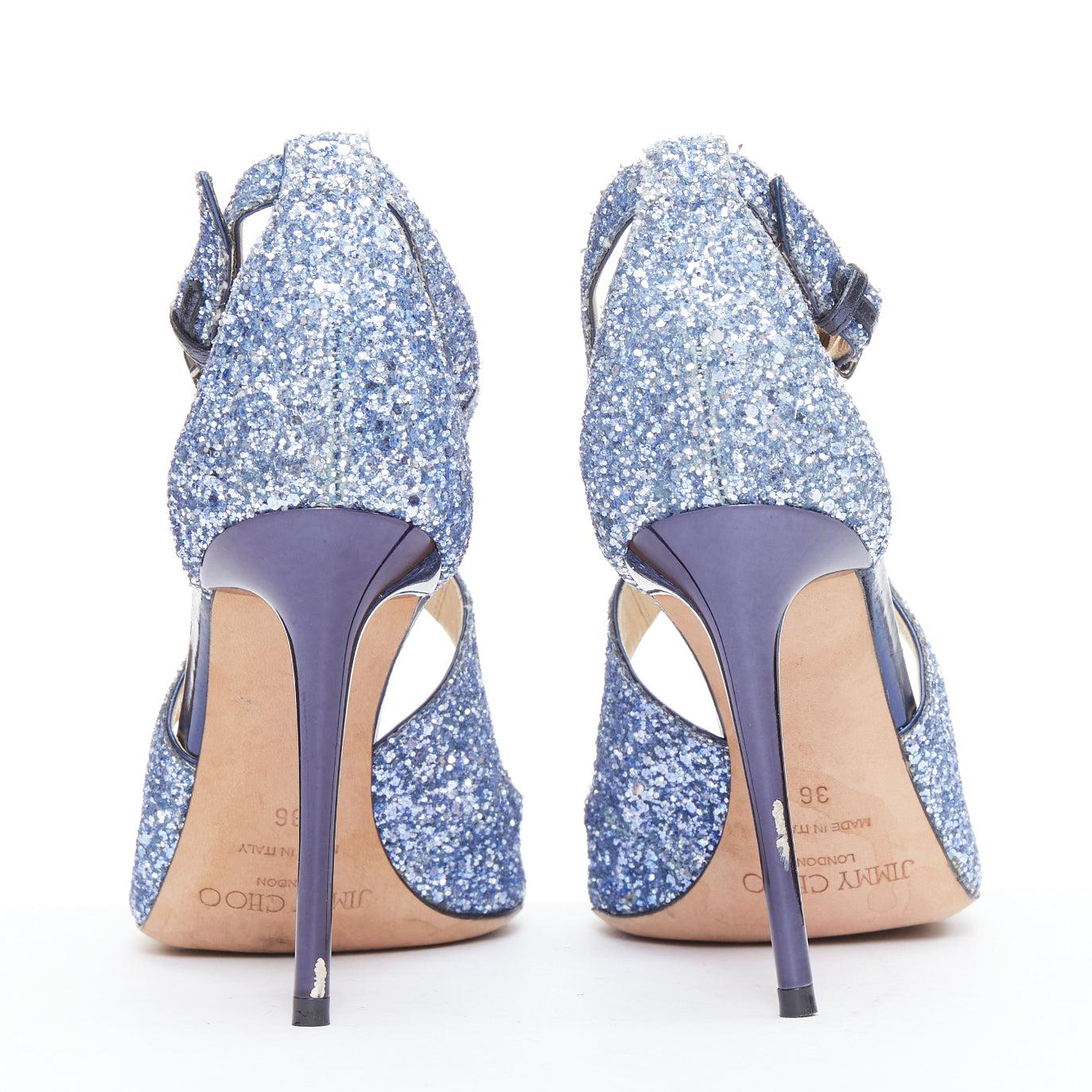 Women's JIMMY CHOO Emily blue glitter crisscross strap open toe sandals EU36