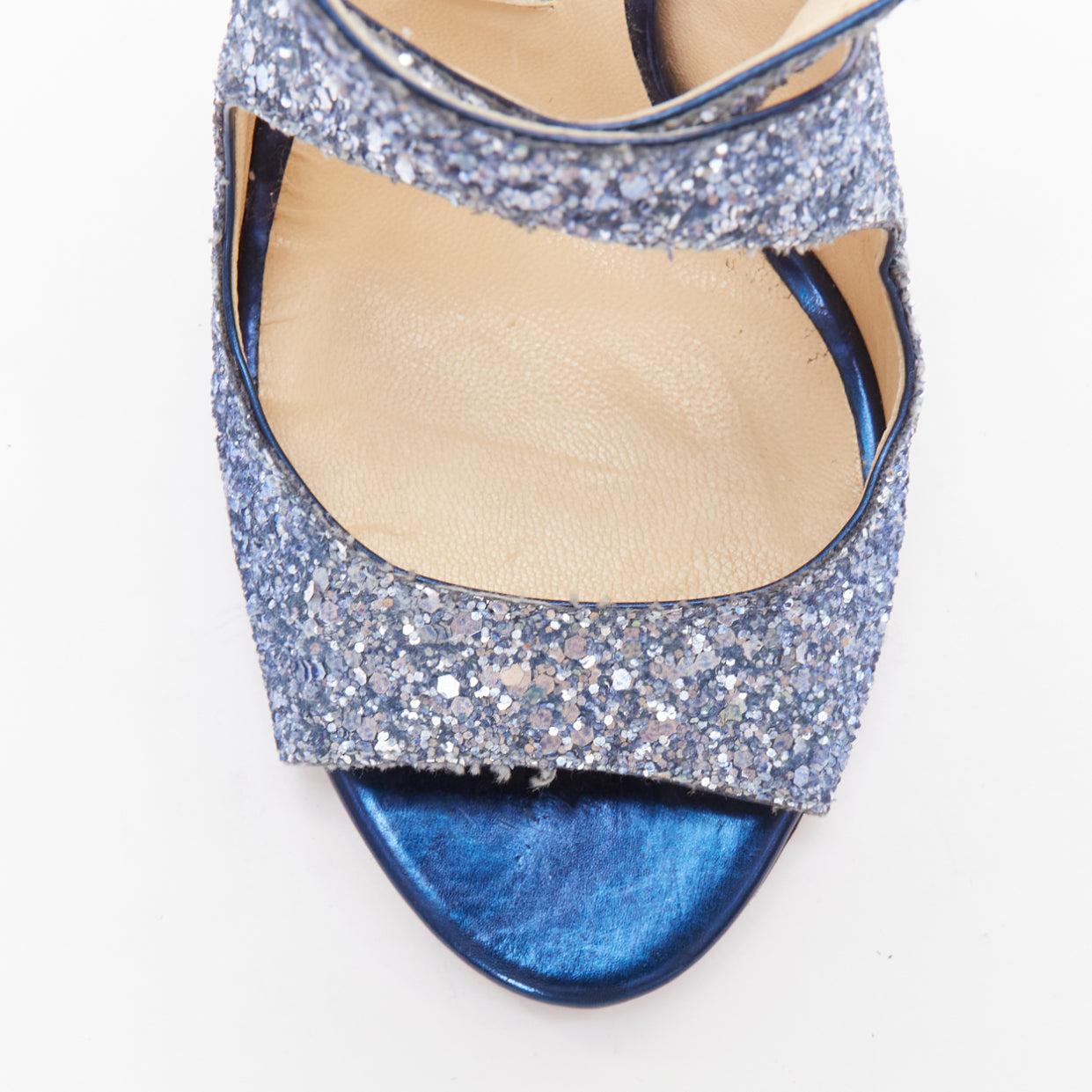 JIMMY CHOO Emily blue glitter crisscross strap open toe sandals EU36 1
