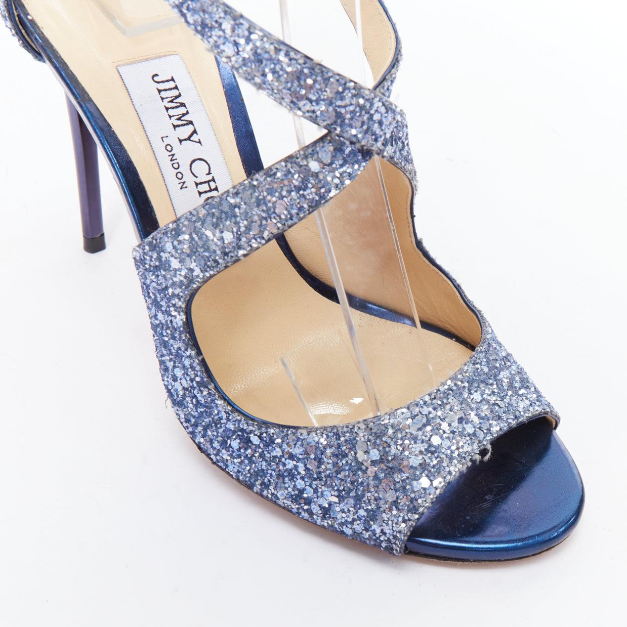 JIMMY CHOO Emily blue glitter crisscross strap open toe sandals EU36 2