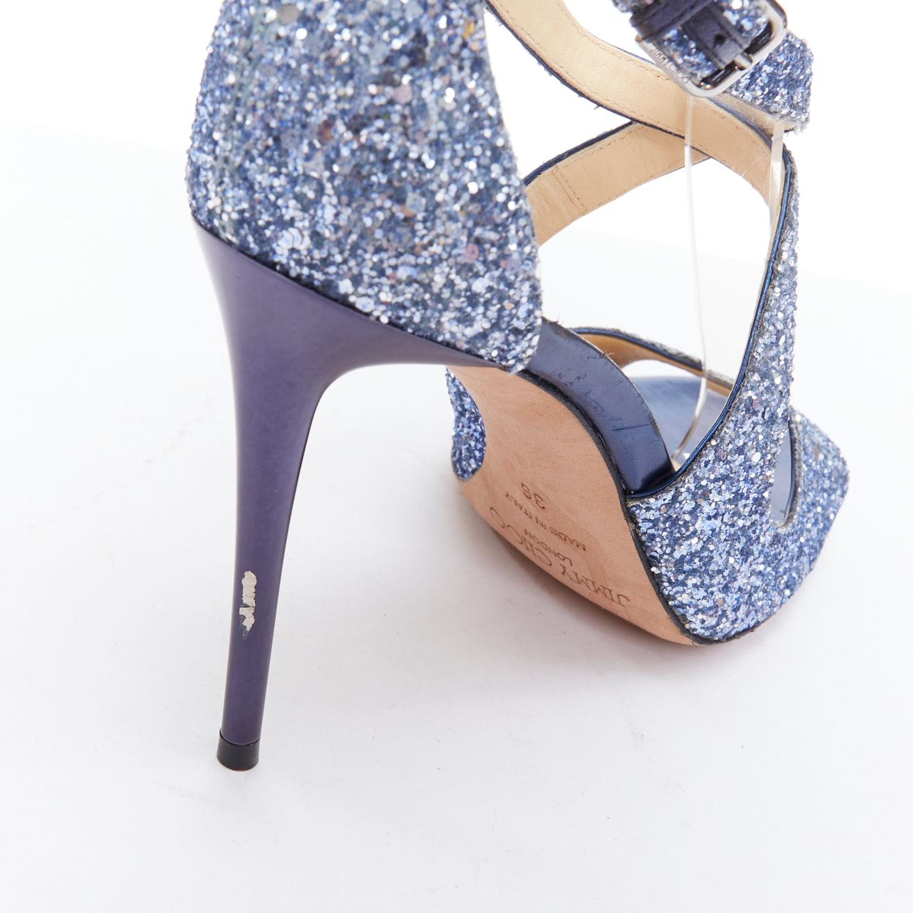 JIMMY CHOO Emily blue glitter crisscross strap open toe sandals EU36 3