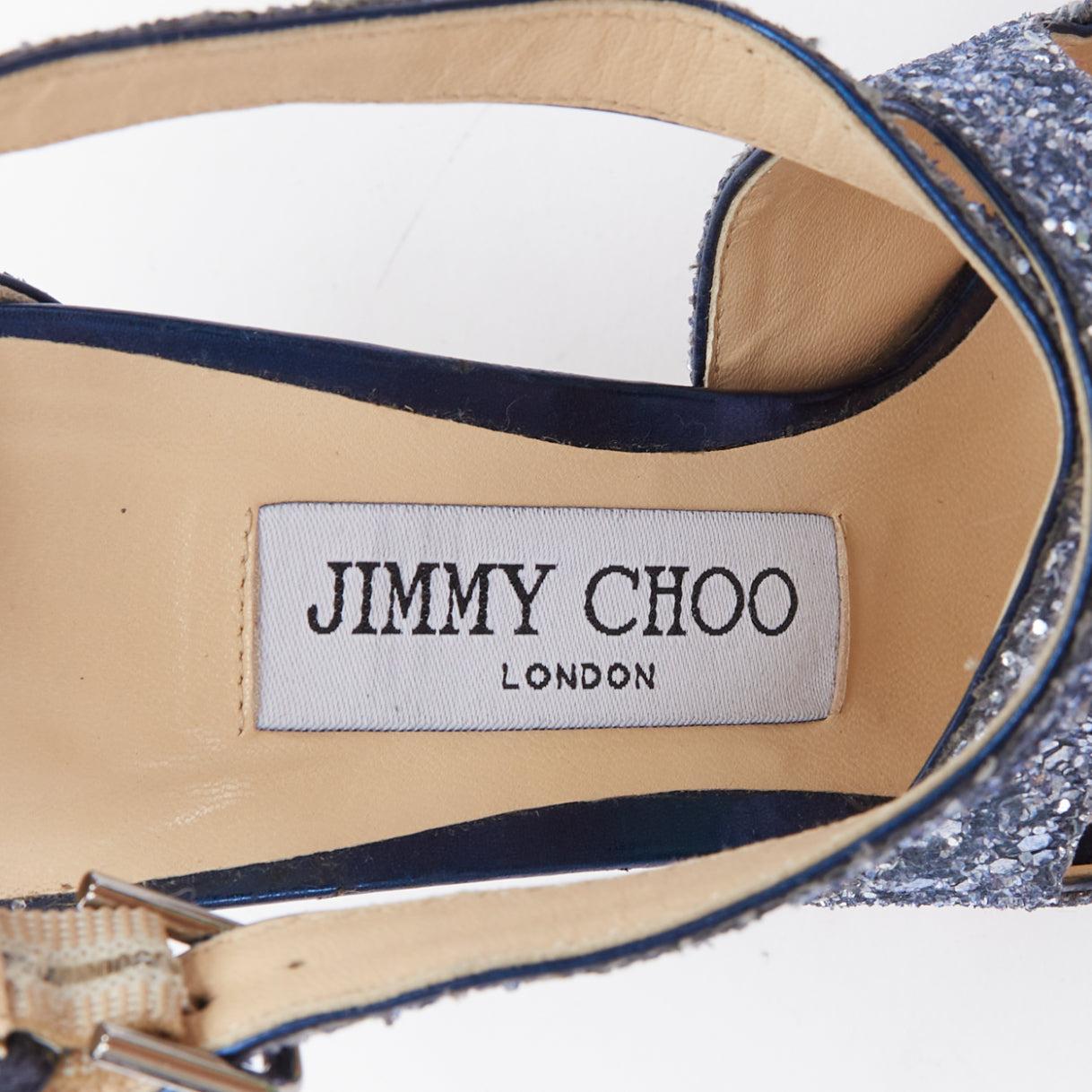 JIMMY CHOO Emily blue glitter crisscross strap open toe sandals EU36 4