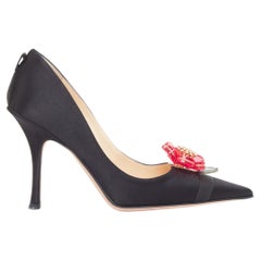 JIMMY CHOO Entice black satin grosgrain red acyrlic flower brooch pumps EU37