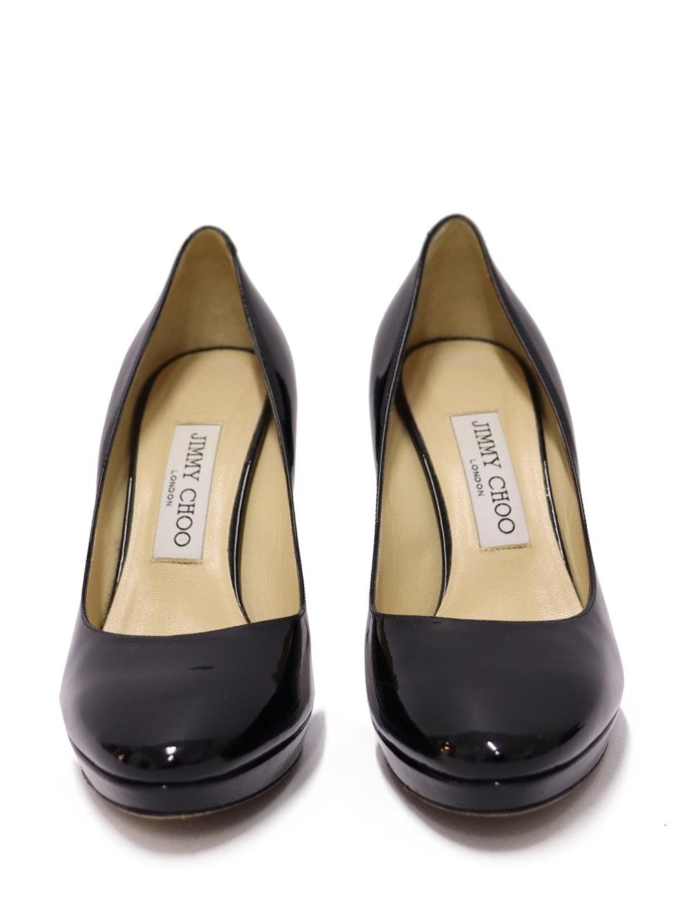 Jimmy Choo EU 37.5 Black Patent Leather Platform Pumps with Heel In Good Condition For Sale In Amman, JO