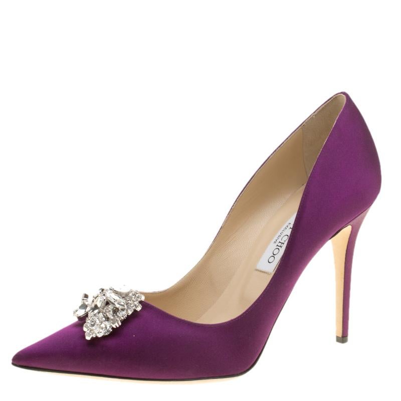 Jimmy Choo Exclusive Collection Deep Purple Satin Manda Crystal Embellished Poin