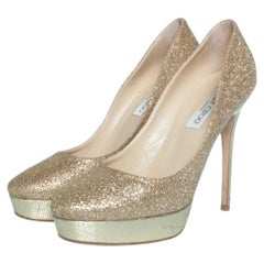 Jimmy Choo, Fabric glitter platform pumps in gold