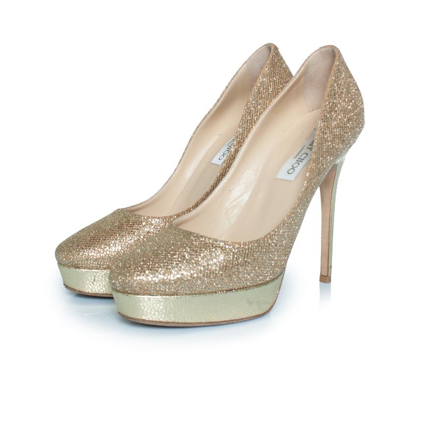 Jimmy Choo, Fabric glitter platform pumps in gold
